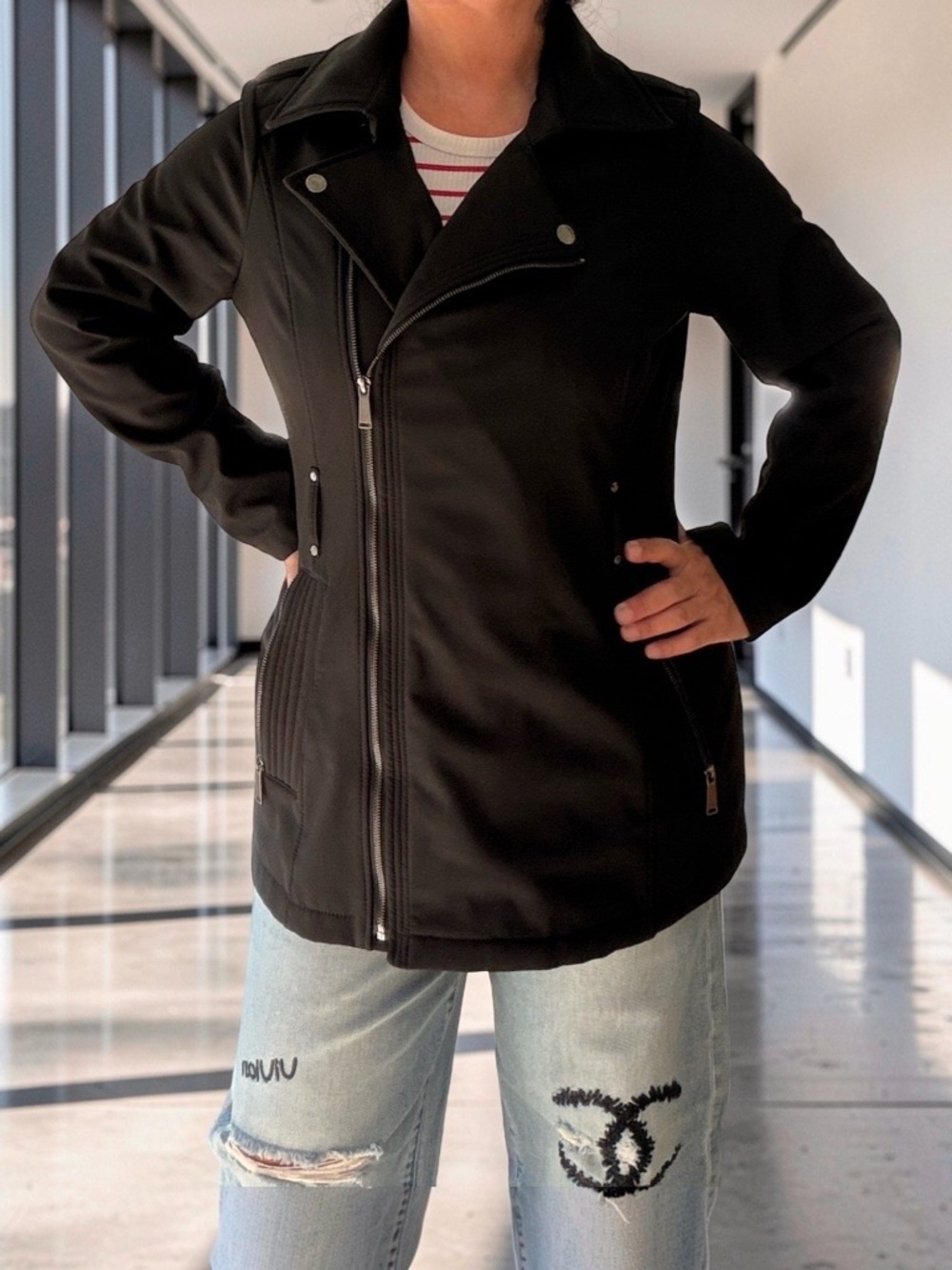 BCBGeneration Black Asymmetrical Zip Trench Coat